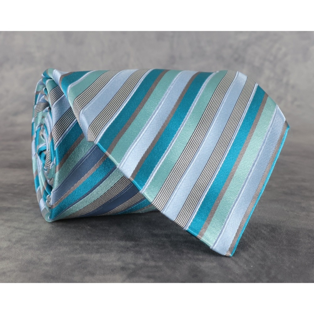Stefano Ricci 100% Silk Necktie Blue Teal Gray Repp Stripe Long Made in Italy